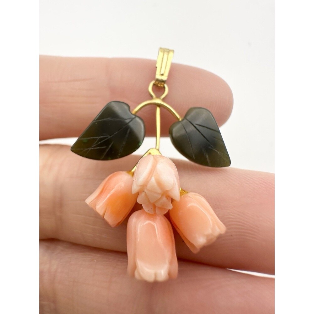 Vintage Coral Carved Roes Nephrite Jade Pendant